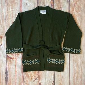 ❤️SOLD❤️Kimlon Vintage 1970s Sweater Cardigan Green Snowflake Bell Sleeve